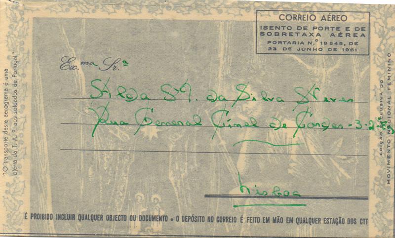 0742 f.jpg -     Lote:    742 (frente)                   Descrição:         1961/75 &mdash; Guerra Colonial. Aerograma isento de porte e de sobretaxa aérea ao abrigo da Portaria n.º 18545 de 23 Junho de 1961, circulado do SPM6866 para Lisboa. Ilustrado no interior com soldado junto a presépio e legendas "BOAS FESTAS / FELIZ NATAL / PROSPERIDADES NO ANO NOVO " + "POR PORTUGAL / POR ANGOLA". Edição do SAP / #.ª REP / QG / RMA". MB e MR.        ARG       Valor Base:     &euro; 25,00     Valor Venda:     &euro;      